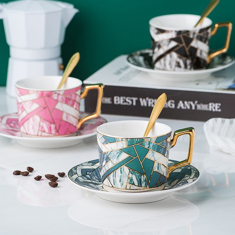 8pcs Ceramic Coffee Cup Saucer Set With Luxury Gold Rim - View #11