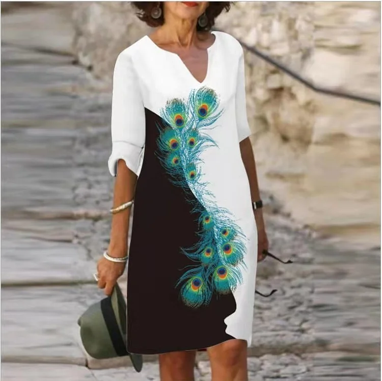 Geometric Print Half-Length Sleeve Dress VangoghDress