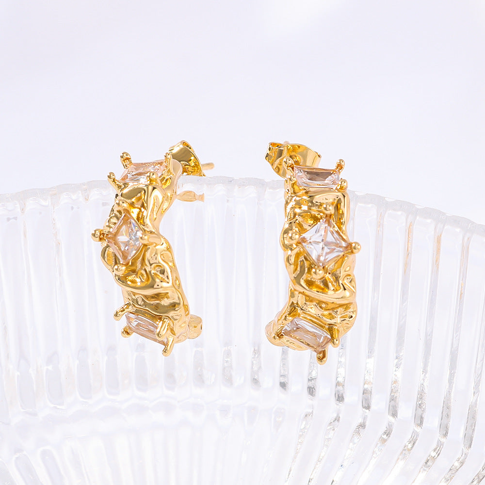 IG Style Zircon Asymmetrical Pleated Geometric Stainless Steel Electroplating Earrings