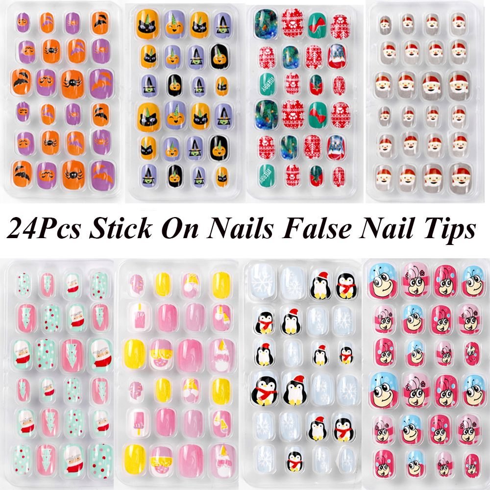 24Pcs/box Kids False Nails Press On Nail Cartoon Full Cover Fake Nails Snowflake Design Manicure Tips Nail Art for Children