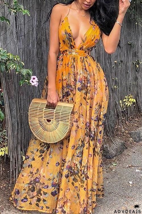 V Neck Backless Slip Maxi Dress