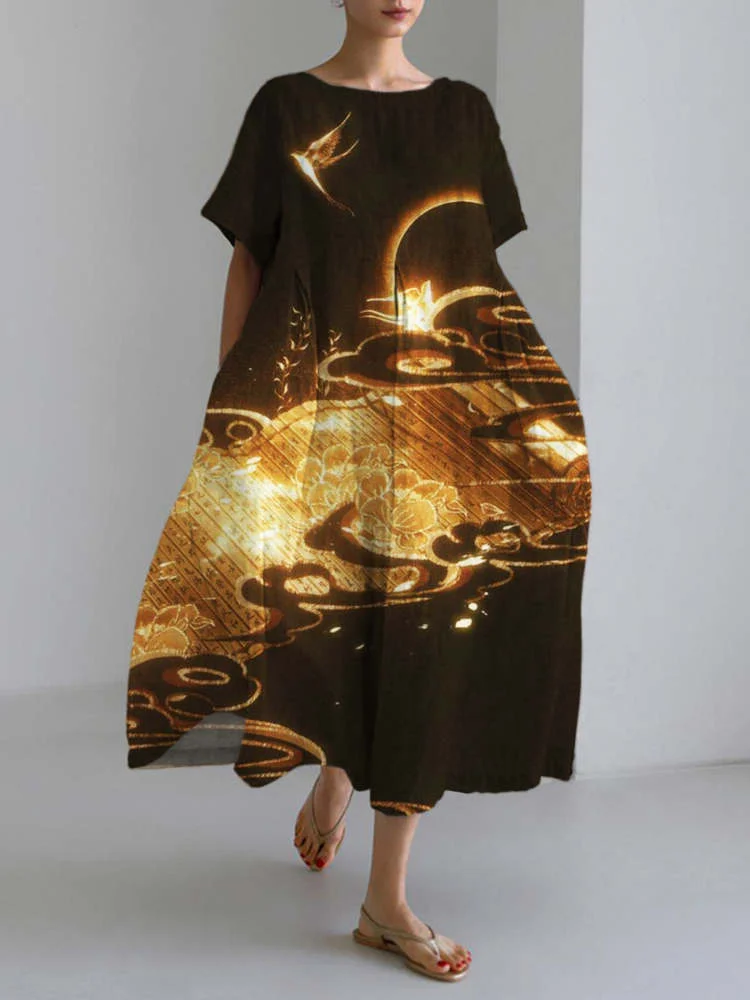 Golden Light Auspicious Cloud Print Linen Blend Maxi Dress