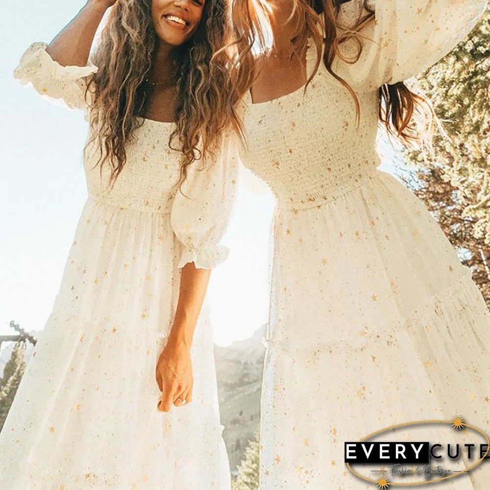 White Square Collar Pleated 1/2 Sleeve Floral Dress