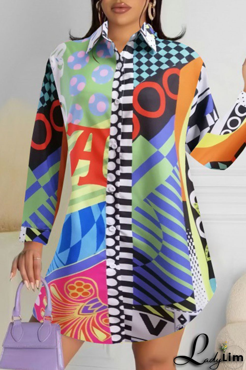 Purple Green Casual Street Print Patchwork Buckle Turndown Collar Tops