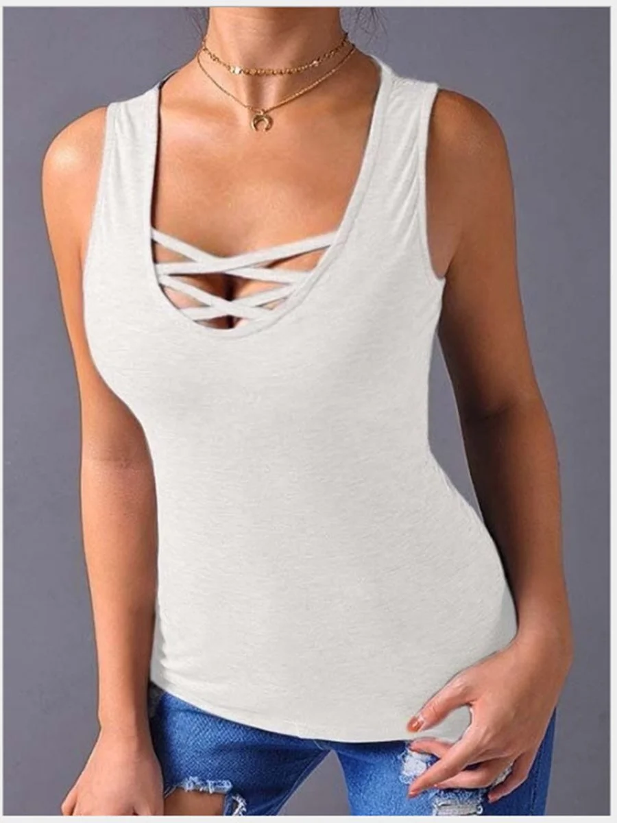Lace-up Scoop Neck Solid Color Tank Top