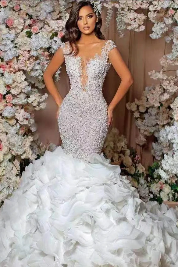 Daisda Glamorous Cap Sleeves Mermaid Lace Appliques Wedding Dress With Ruffle