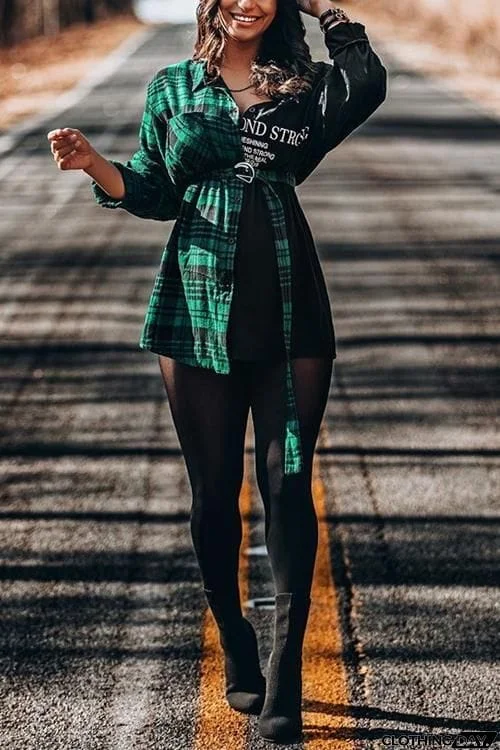 Color Splicing Button Up Shirt Dress With Belt