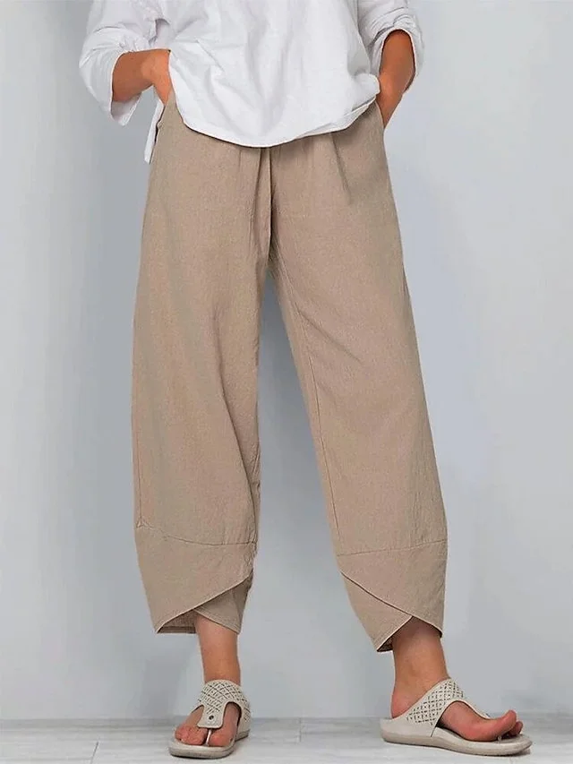 Women's Cotton Linen Solid Mid Waist Ankle-Length Casual Daily Pant socialshop
