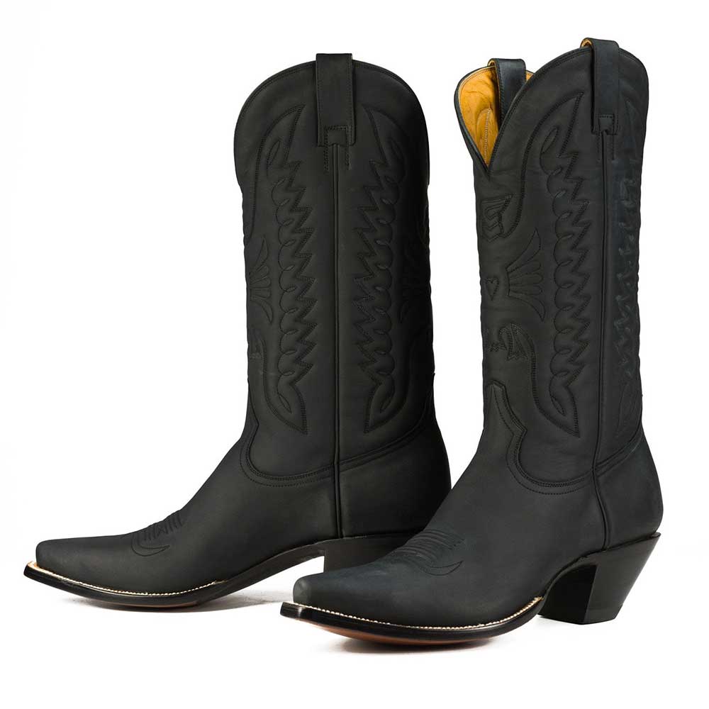 Black Matte Chunky Heel Stitching Mid-Calf Cowgirl Boots with Snip Toe Nicepairs