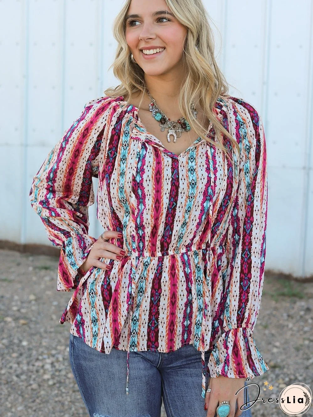 Aztec Print Peplum Blouse with Split Neck