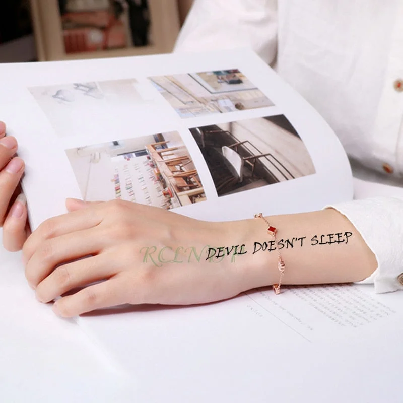Waterproof Temporary Tattoo Sticker Black Devil Doesn't Sleep English Letters Flash Tatoo Fake Tatto Neck Wrist For Woman Men