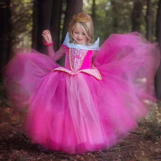 Enchanted Princess Aurora Gown for Girls: Elegant Tulle Long-Sleeve Dress