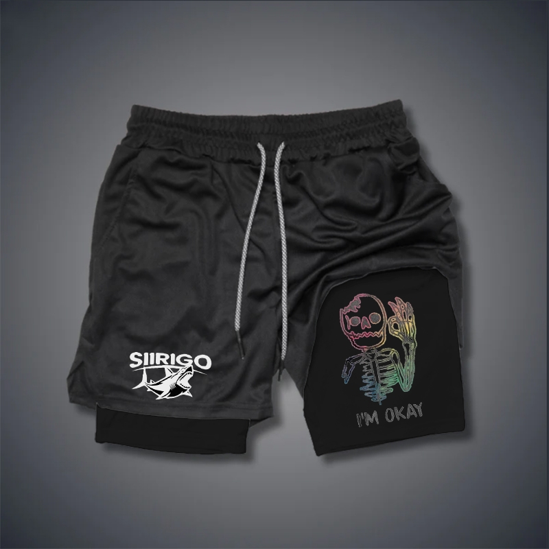Multicolored Skull Bone I’M OK 2 In 1 GYM PERFORMANCE SHORTS
