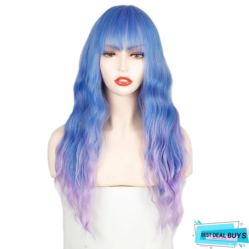 Qi Bangs Long Curly Wavy Chemical Fiber Wig Head Cover