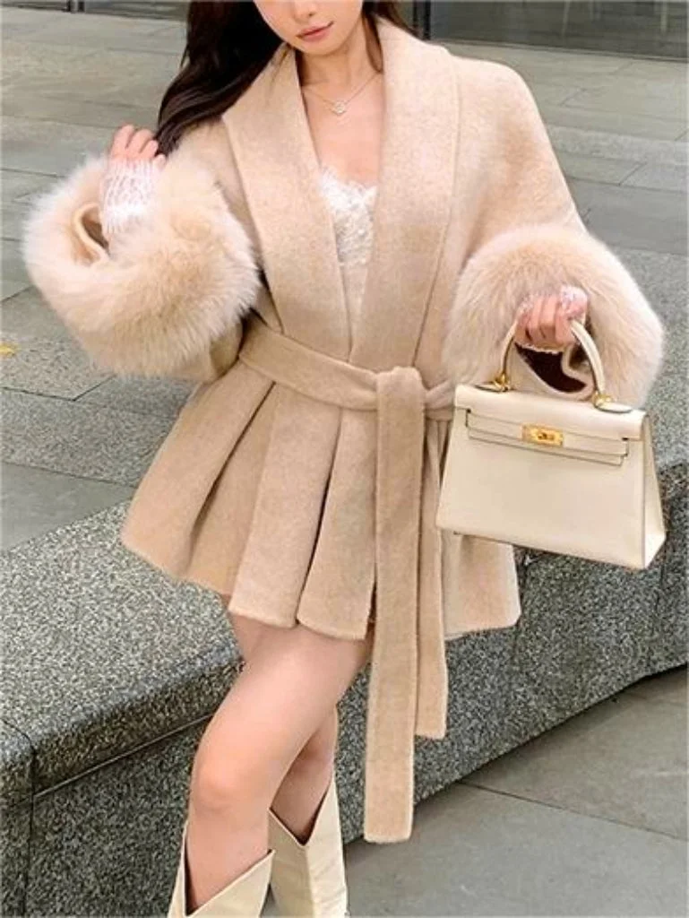 Brownm solid color faux fur coat with belt