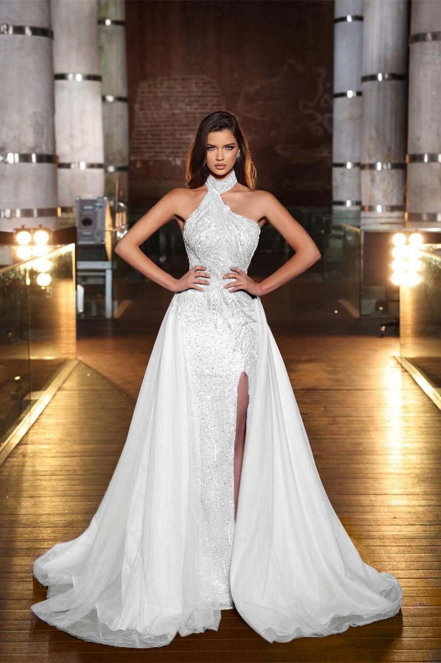 Lussooy Glamorous High Neck Slit Halter Mermaid Evening Dress Ruffles Beads With Sequins 