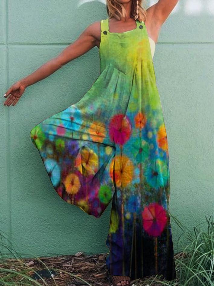 Retro print casual loose jumpsuit