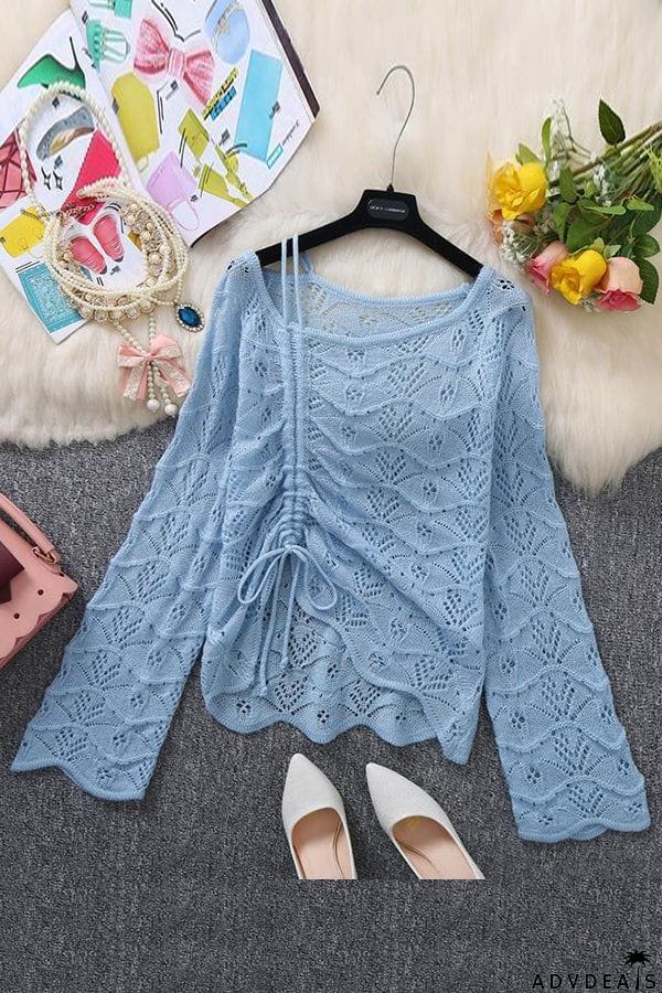 Hollow Dew Shoulder Drawstring Sweater