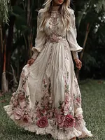 Women's Vintage Roses Embroidery Art Crew Neck Long Sleeves Maxi Dress