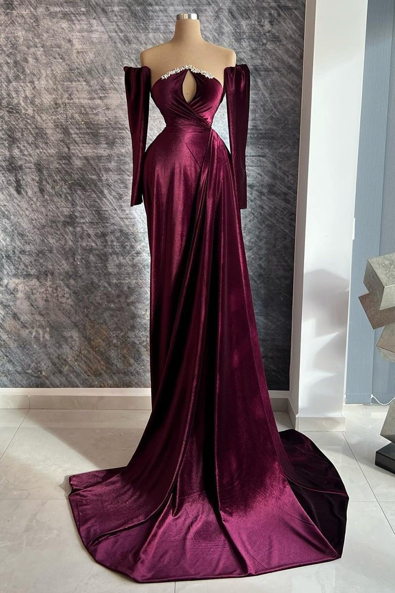 Bellasprom Keyhole Long Velvet Prom Dress Detachable Sleeves With Beads