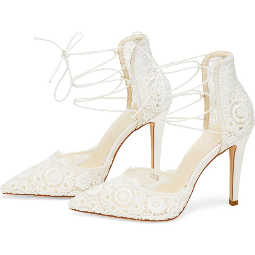 White Lace Closed Toe 3'' Stiletto Heel Lace Up Pumps Nicepairs