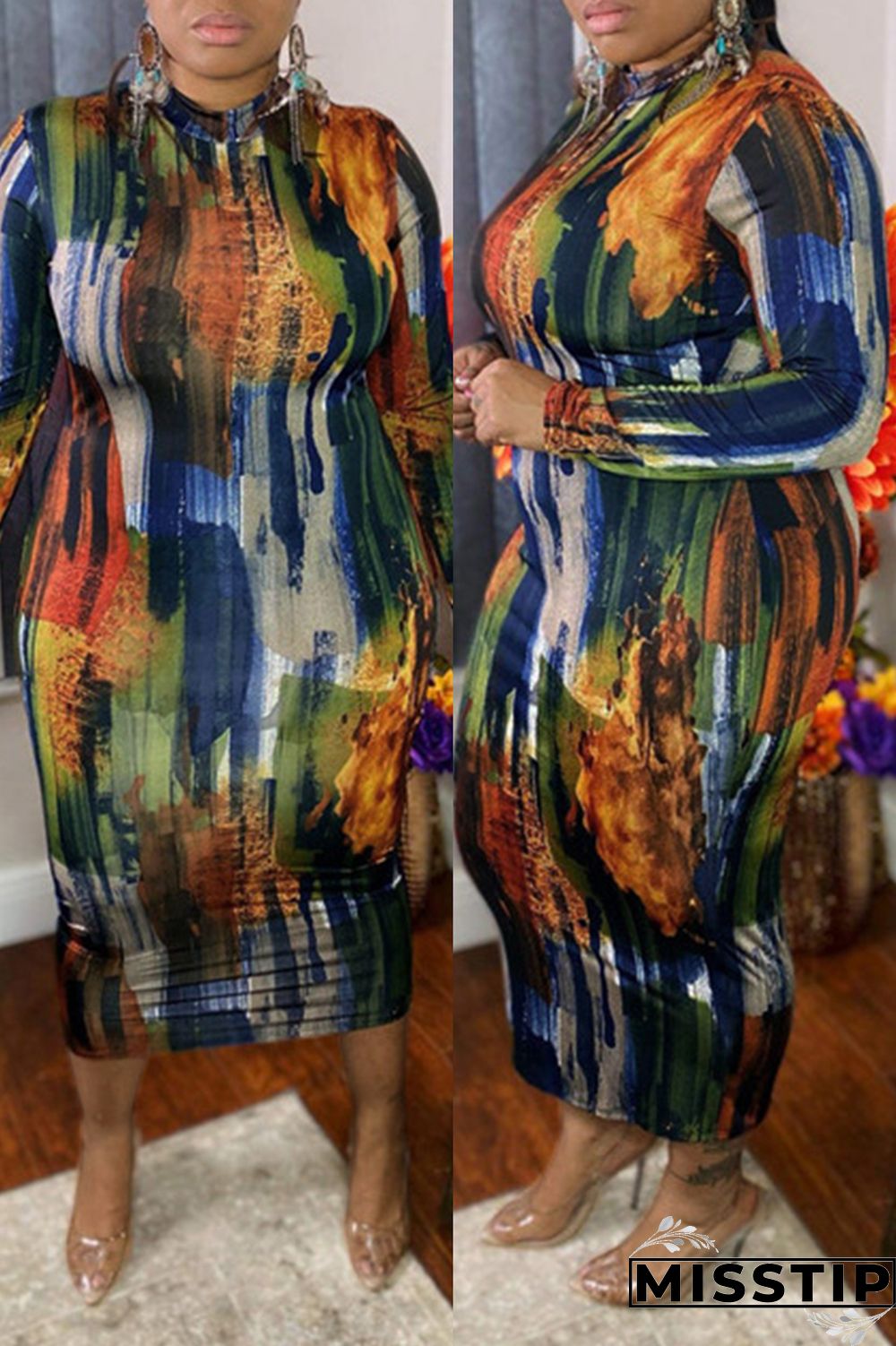 Multicolor Fashion Casual Print Basic O Neck Long Sleeve Plus Size Dresses