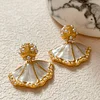 Elegant White Shimmer Fan Shaped Pearl Golden Earrings