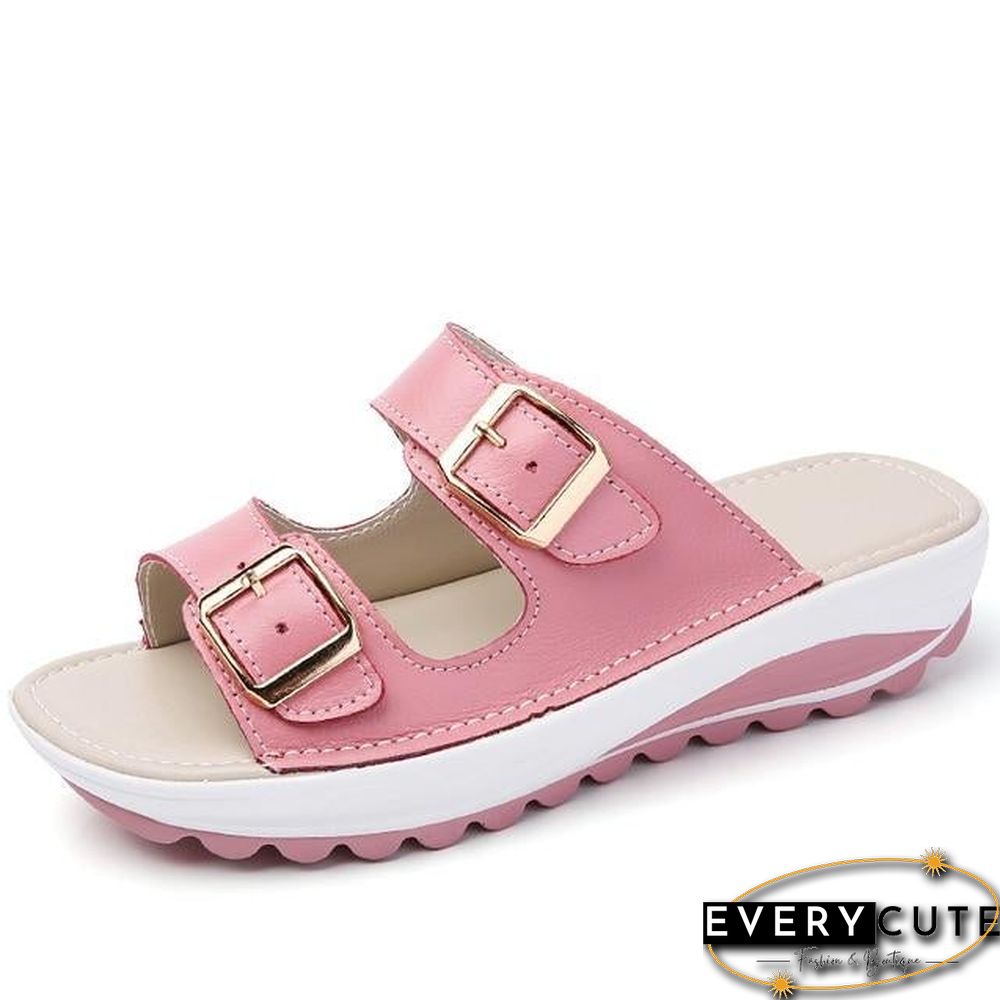 Women Platform Leather Buckle Flats Light Soft Comfortable Slides Sandals