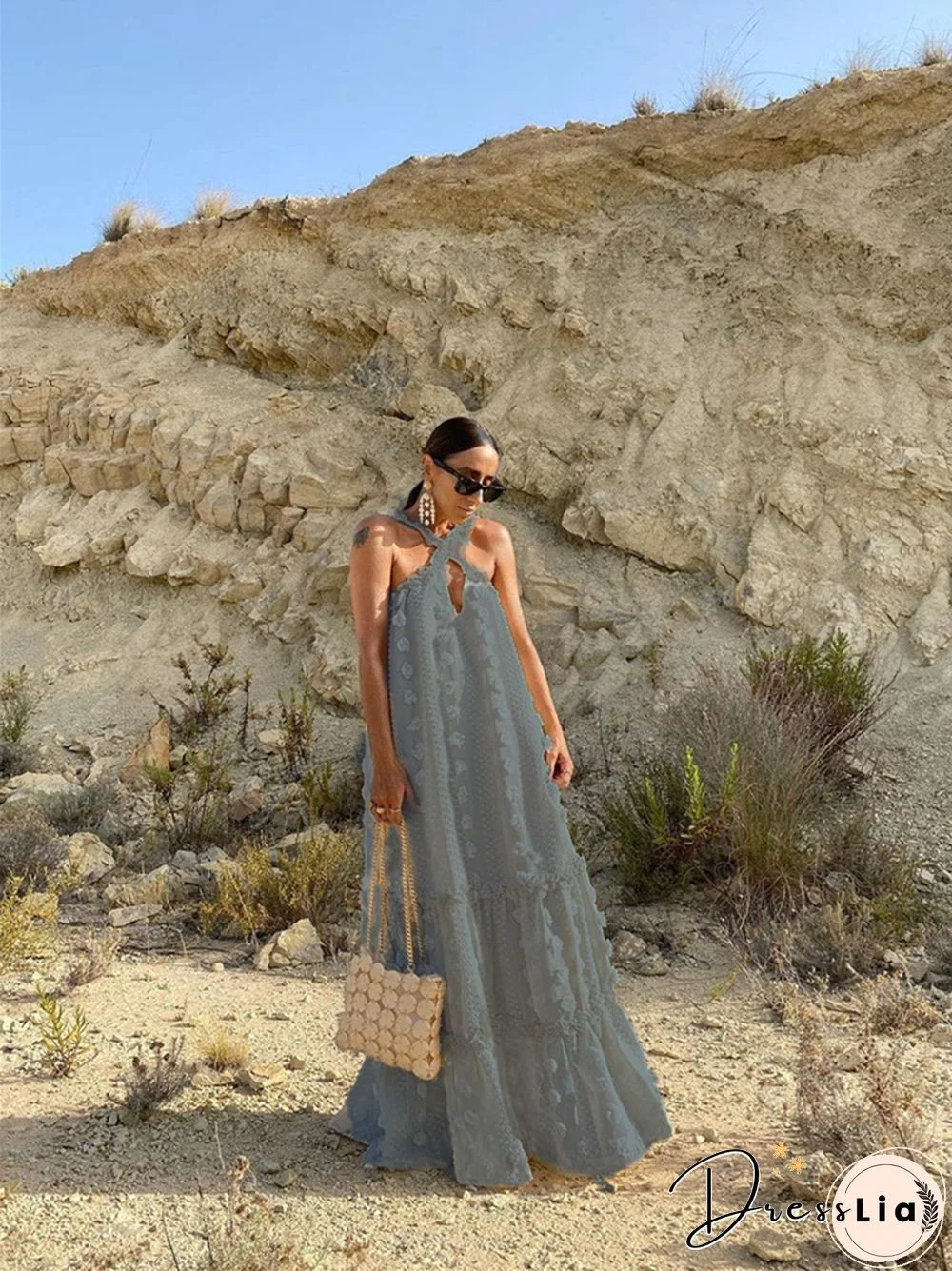 Fashion Neck Hanging Three-dimensional Flower Cake Long Dress