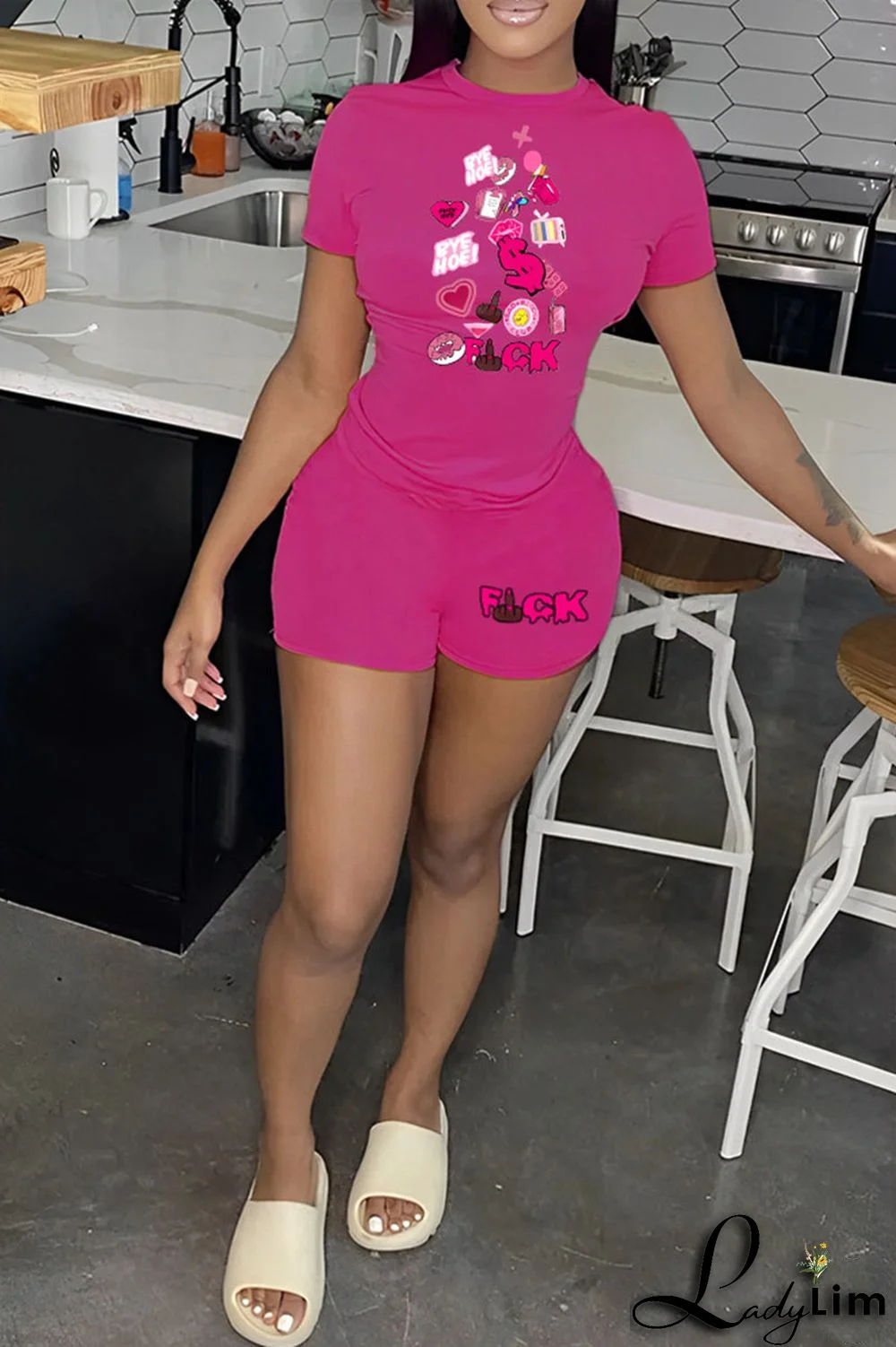 Orange Casual Print Patchwork O Neck Short Sleeve Two Pieces