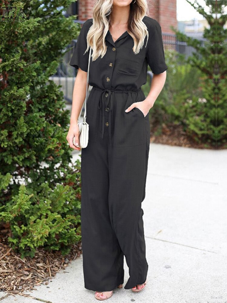 Solid Color Lapel Collar Button Short Sleeve Jumpsuit with Pocket