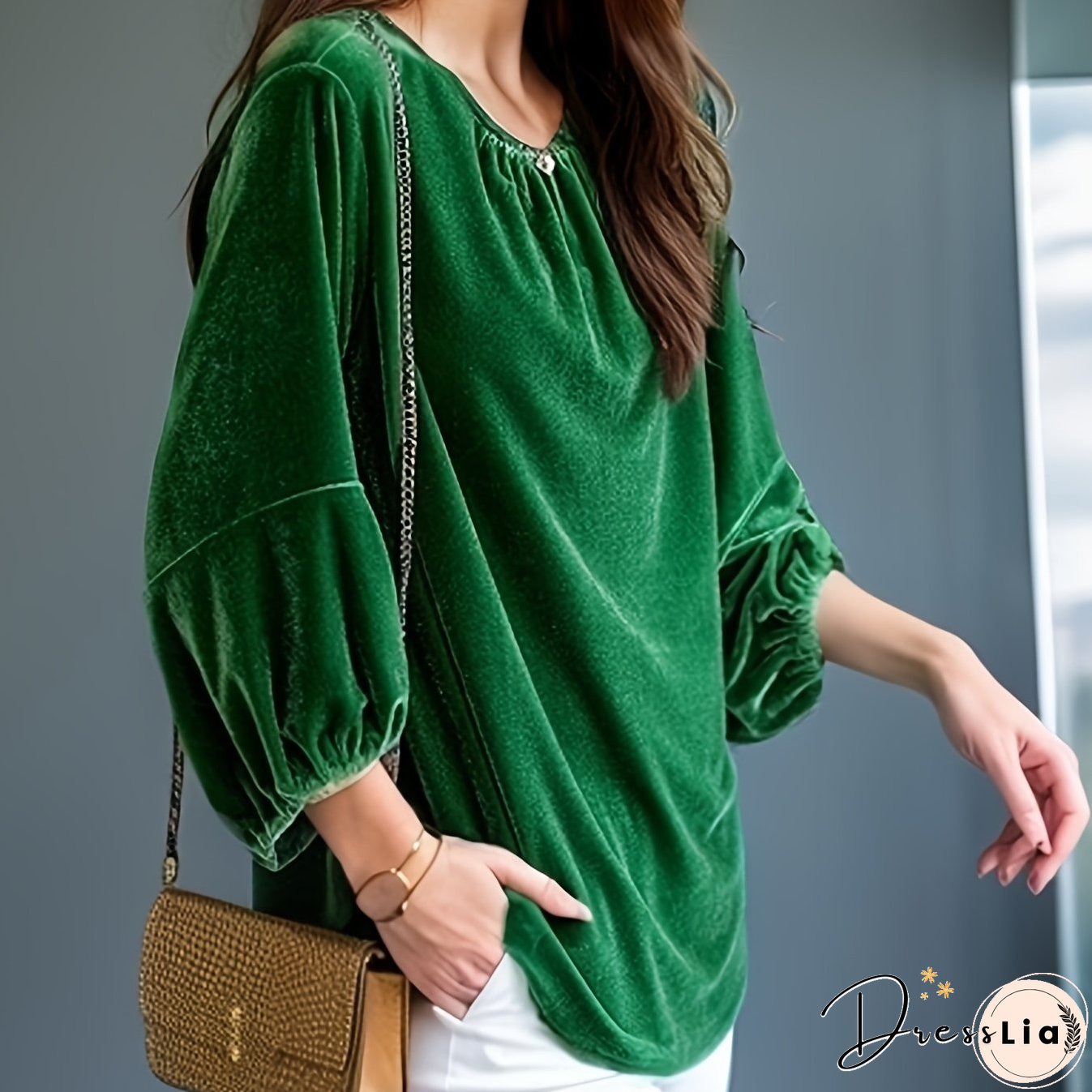 Lantern Sleeve Solid Blouse, Casual Crew Neck Versatile Blouse, Women's Clothing