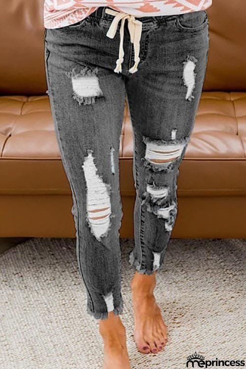 Ripped Drawstring Denim Jogger