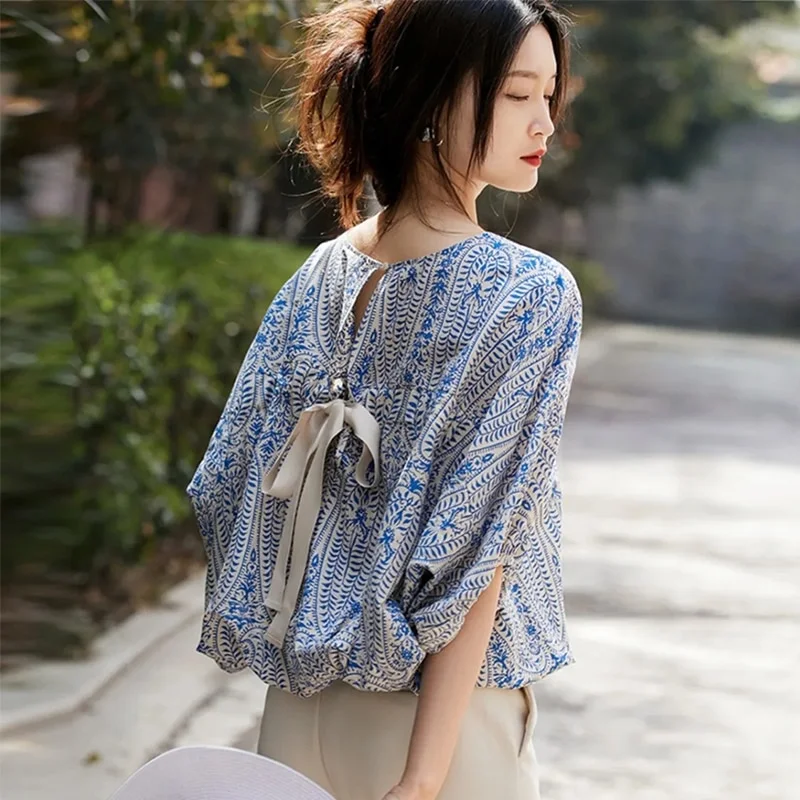 Mongw Elegant Blouses Women Vintage Bow Bandage Print Shirts Office Lady Summer Korean Batwing Sleeve Casual All Match Chic Tops