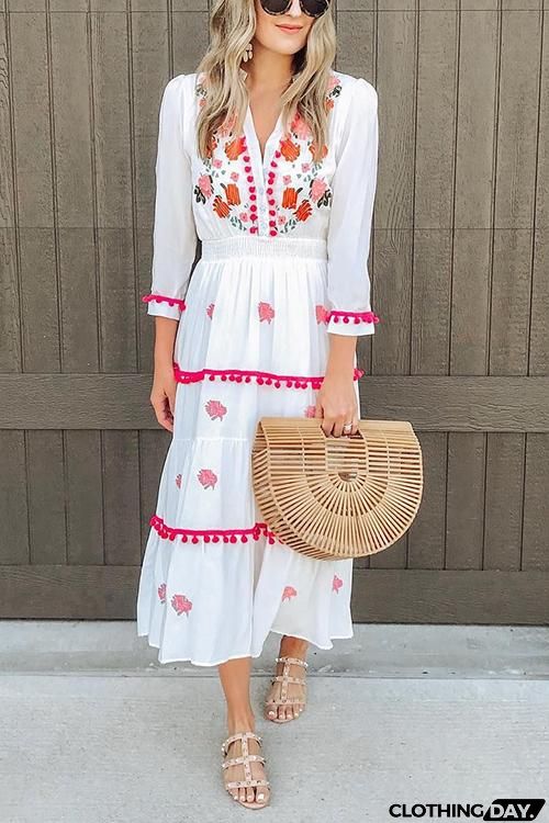 Embroidery Pom Pom Maxi Dress