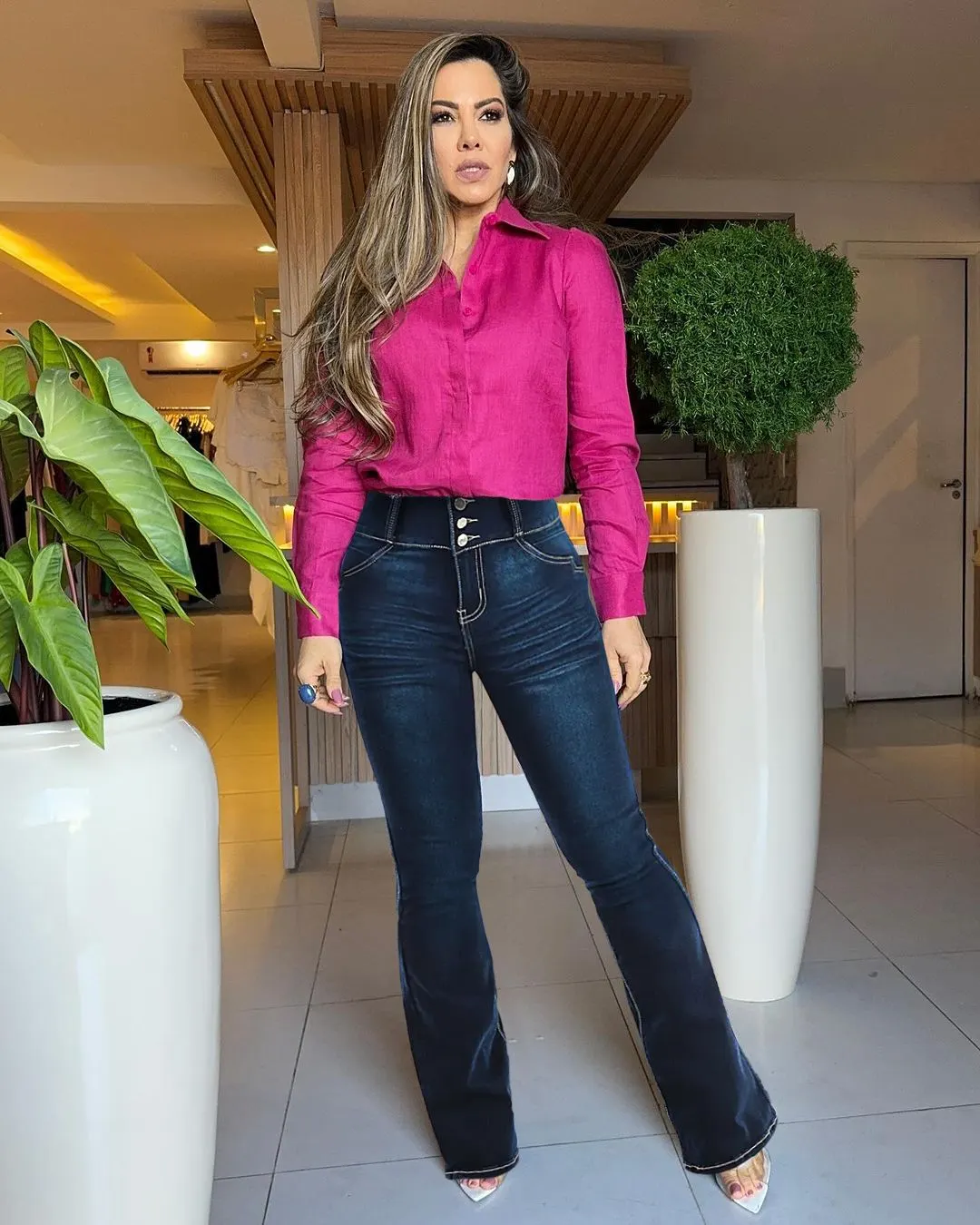 @flamingo's show of Wash Stitch Detail Button Fly High Waist Bootcut Jeans