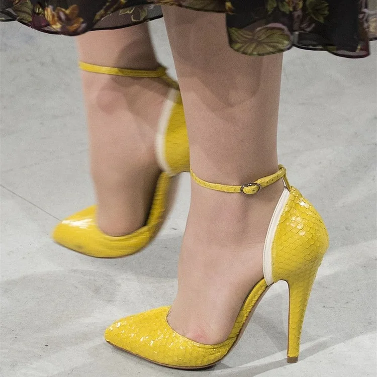 Yellow Python Pointy Toe Ankle Strap Heels Stiletto Heel Pumps |FSJ Shoes