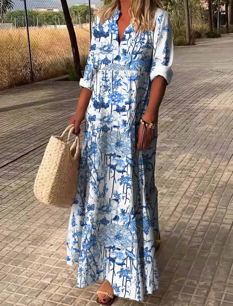 Women Floral,Blue DZDN0023 SPU Printed Long Sleeve V-neck Maxi Dress