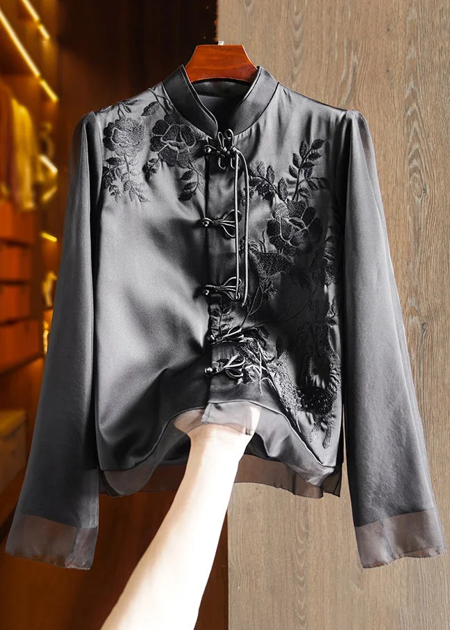 French Black Chinese Button Embroideried Patchwork Silk Tops Long Sleeve