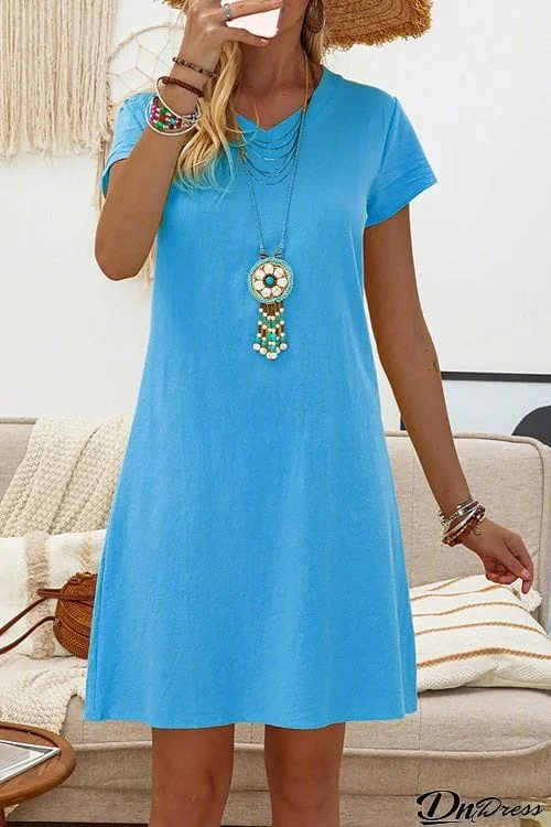 Summer Casual Solid V Neck Short Sleeve Dress