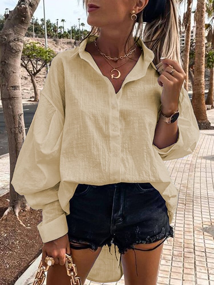 Casual Solid Color Pleated Long Sleeve Loose Cotton Shirt - Life is Beautiful for You - SheChoic