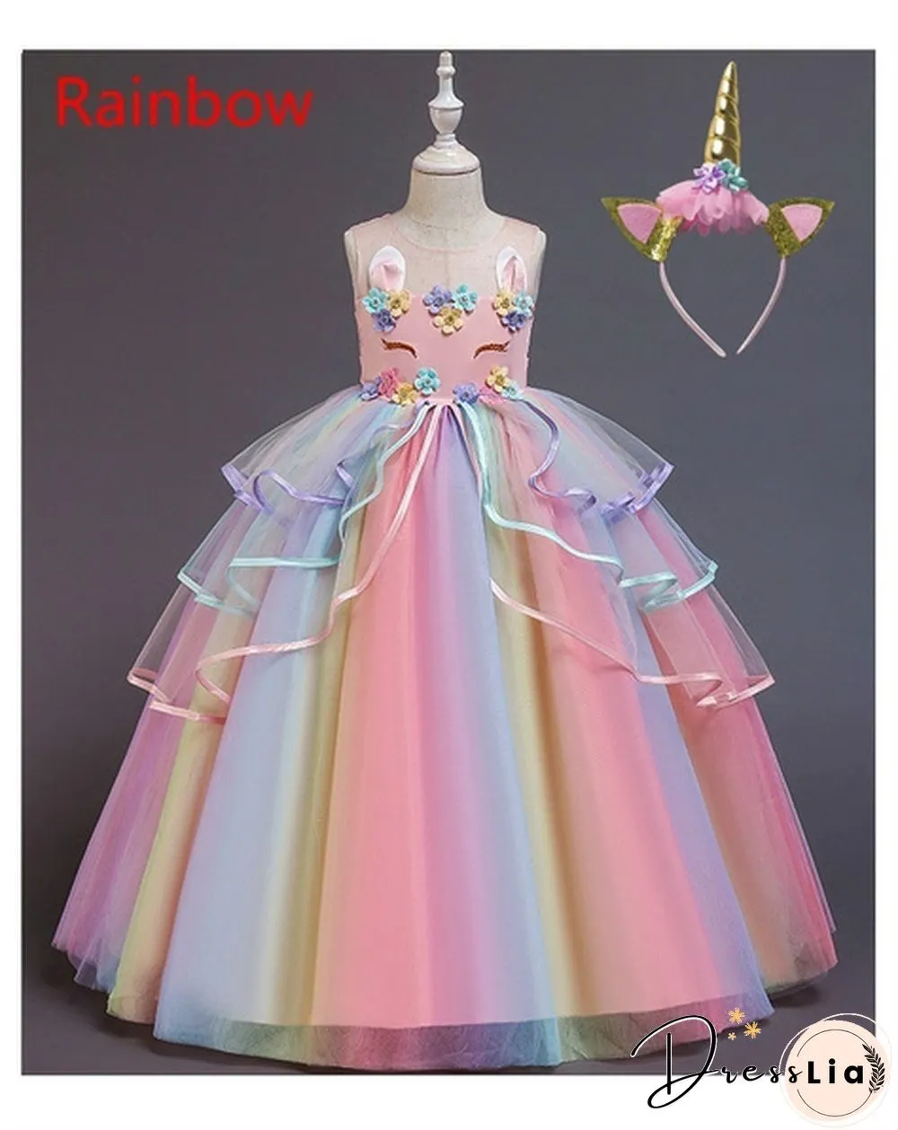 Summer Kids Girl Layered Tulle Unicorn Outfits Dress Headband for Carnival Halloween