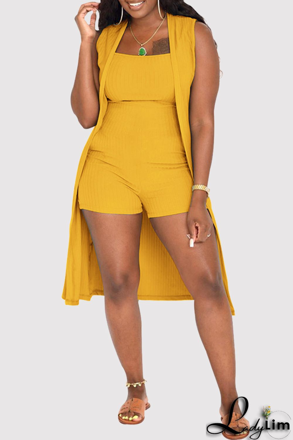 Yellow Fashion Casual Solid Basic Square Collar Sleeveless Two Pieces