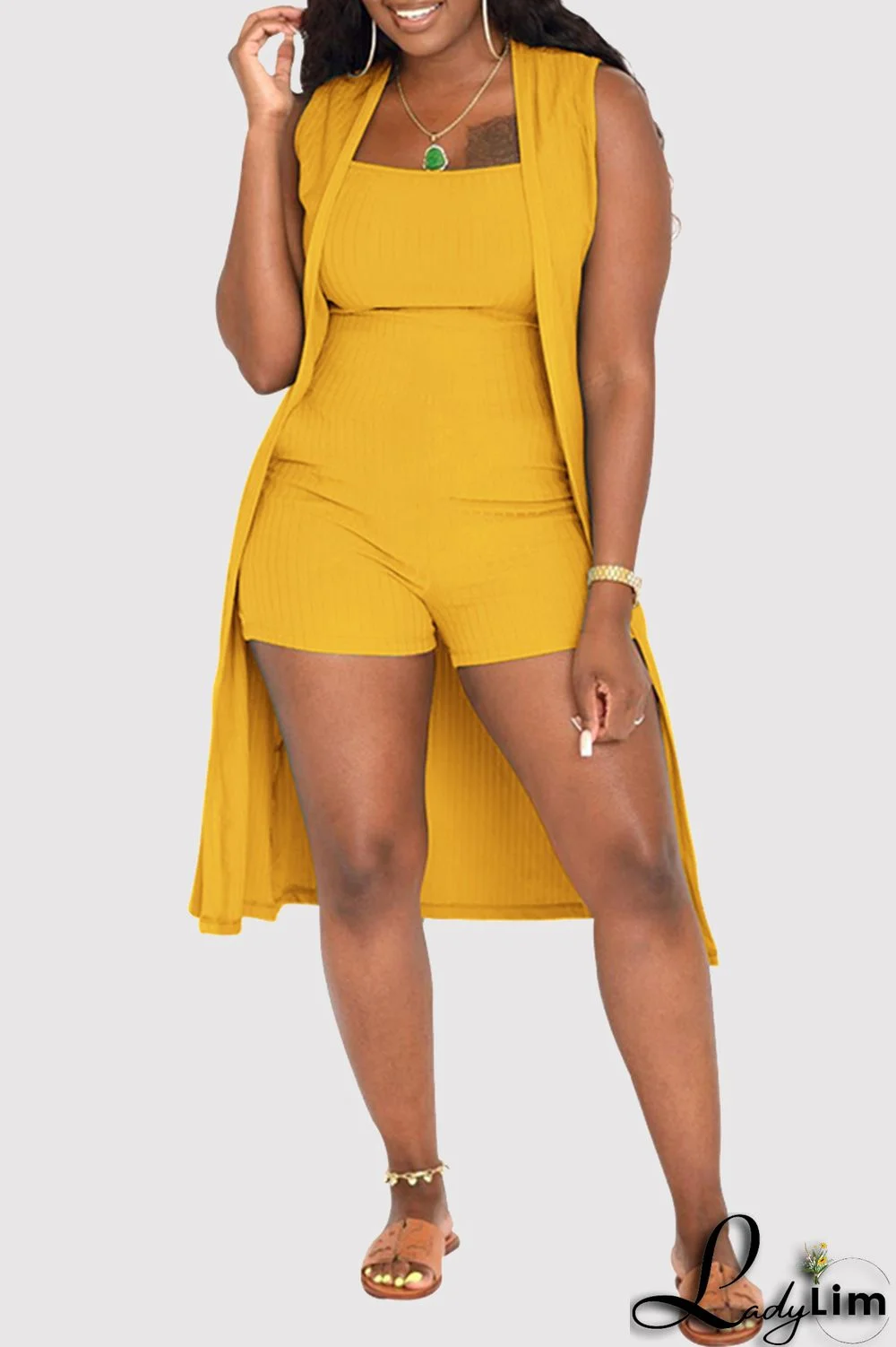 Yellow Fashion Casual Solid Basic Square Collar Sleeveless Two Pieces