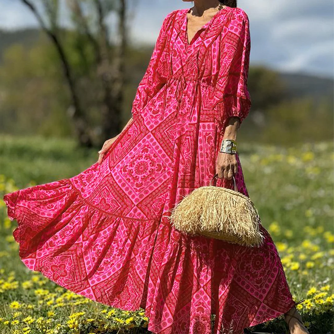 Toloer Toloer Autumn 2024 New Women's Fashion Print Bohemian Holiday Long Dress-Outfit Ideas