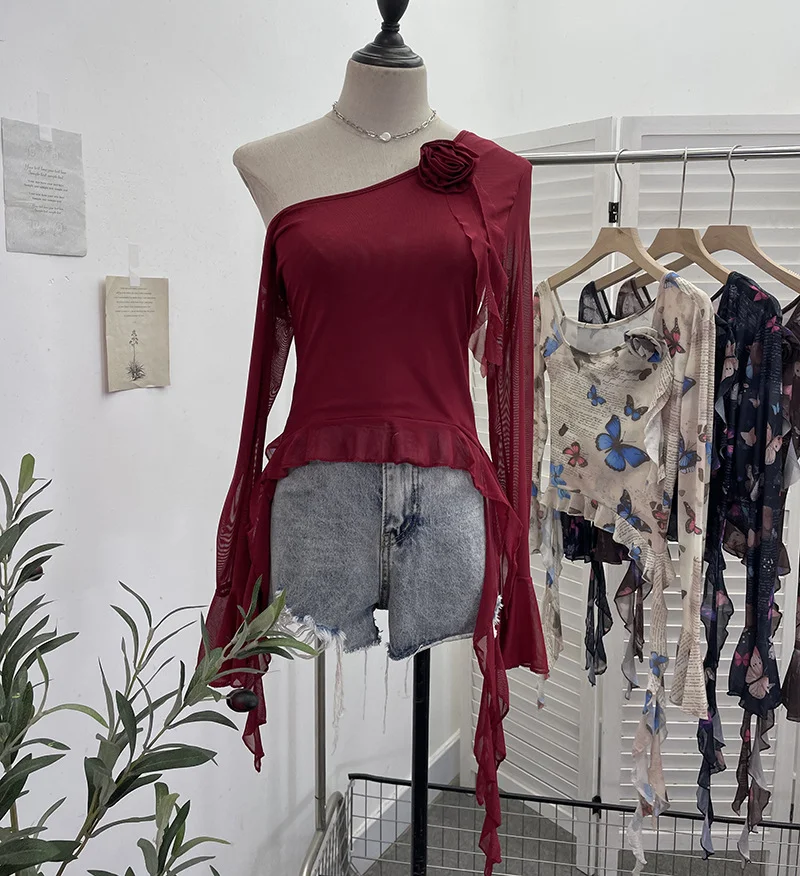 Uveng Tie Dyed Elastic Mesh Oblique Shoulder Irregular Horn Long-Sleeved T-Shirt Flower Short Floated Female 9932