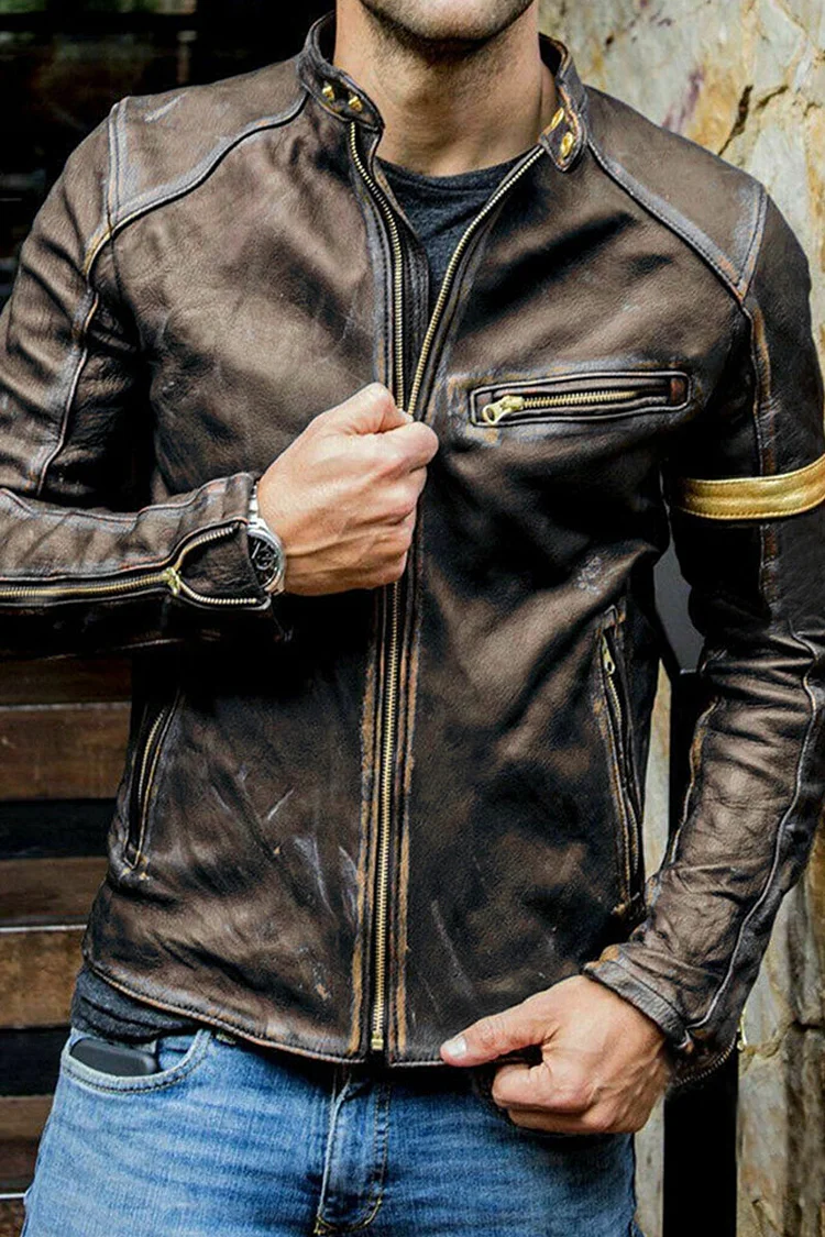 Khaki Casual Solid Split Joint Zipper Mandarin Collar Outerwear