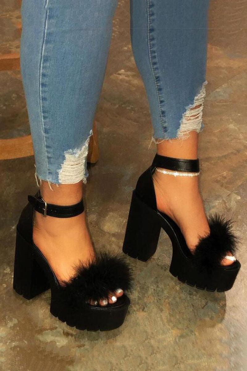 Party Feather Platform High Chunky Heel Ankle Strap Open Toe Sandal
