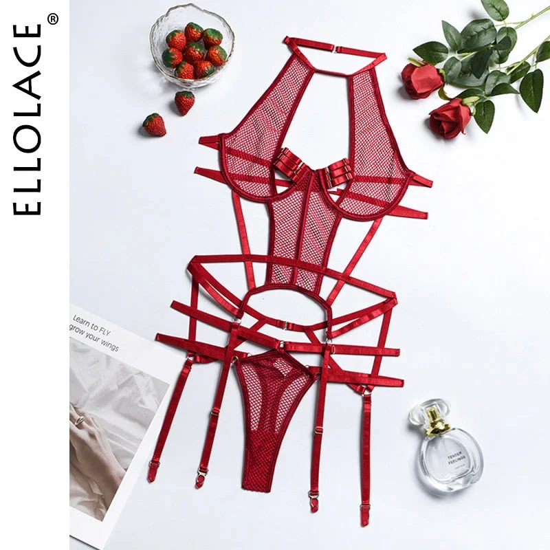 Ellolace Sexy Exotic Costumes Sensual Lingerie Transparent Bandage Erotic Apparel Porn Goth Mesh Sex Outfit Sissy Top and Briefs