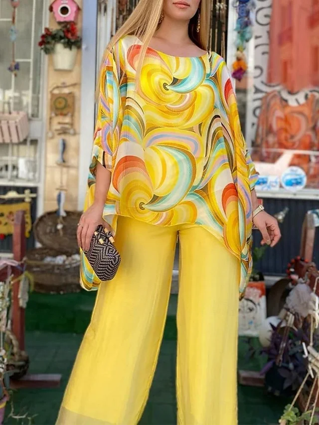 Women's Fashion Streetwear Daily T Shirt Wide Leg Pants 3/4 Length Sleeve Crew Neck Ombre Casual Daily Yellow Pink Blue Summer Regular Fit